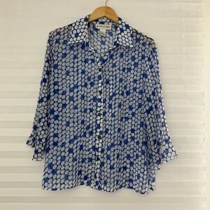 Brownstone Studio Abstract Dot Print Ruffle Cuff Button Front Blouse L SemiSheer